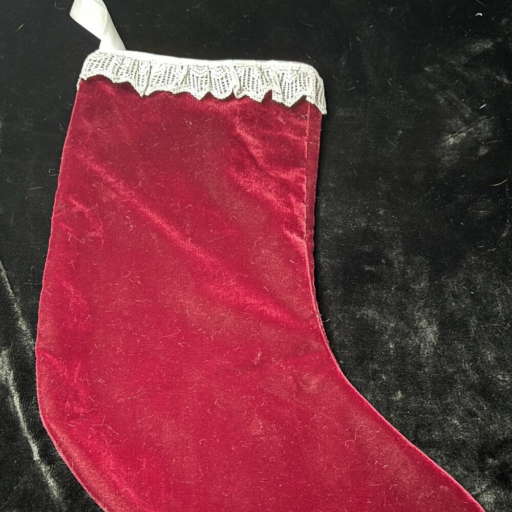 Vintage-Style Handmade Red Velvet Christmas Stocking With White Silk Lace